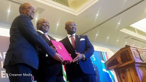 Trade, Industry and Competition Minister Parks Tau, President Cyril Ramaphosa and Afreximbank president George Elombi
