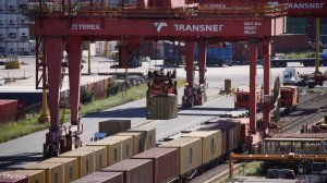 Containers are moved from rail cars at the Container Terminal at the port in Durban, South Africa