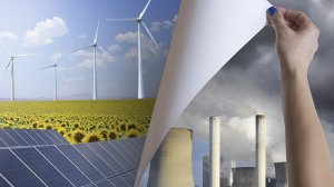 An image showing fossil fuel power generation infrastructure, along with renewable energy infrastructure