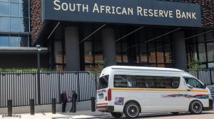 A taxi parked in front of the South African Reserve Bank offices