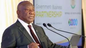 South African President Cyril Ramaphosa speaking at the launch of Phase 3 of the Government-Business Partnership