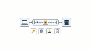 Flat diagram showing a laptop sending data through an encrypted channel to a database, with four security controls below